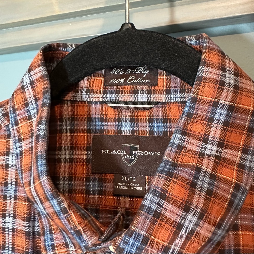 Black Brown 1826 Brown/Orange/Blue Plaid 80's 2-Ply Cotton Button Down Shirt - Picture 6 of 6
